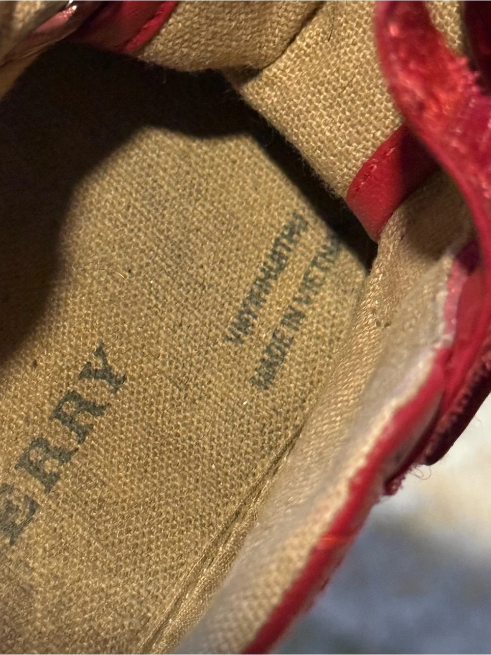 Burberry Red Leather & Tan Canvas Plaid Kids Sneaker with Velcro Straps